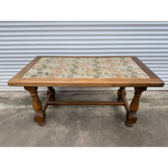 Table basse bois massif plateau carreaux ceramique vintage bon etat