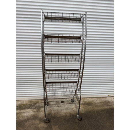 Présentoir métallique 5 niveaux sur roulettes - Rangement magasin commerce - Bon état